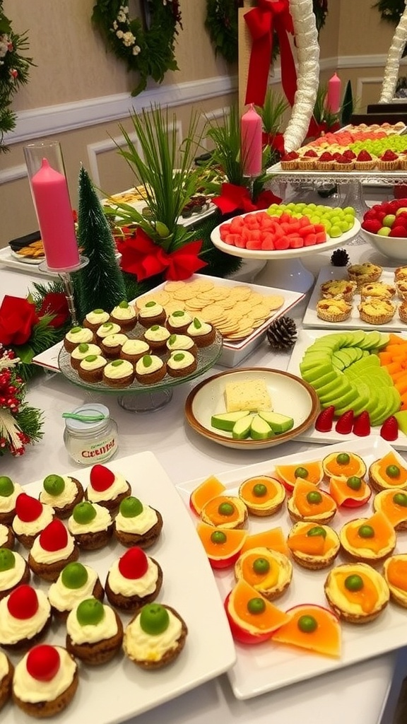 A festive Christmas party buffet with stuffed mushrooms, cheese platter, mini quiches, and fresh fruit.